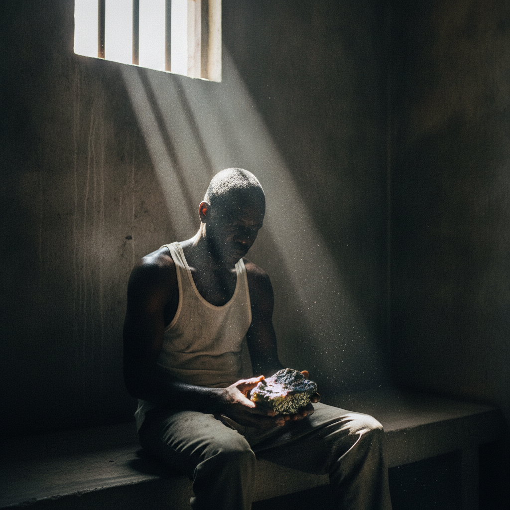 A seated man holds a rough, knobbly object beneath a shaft of light.