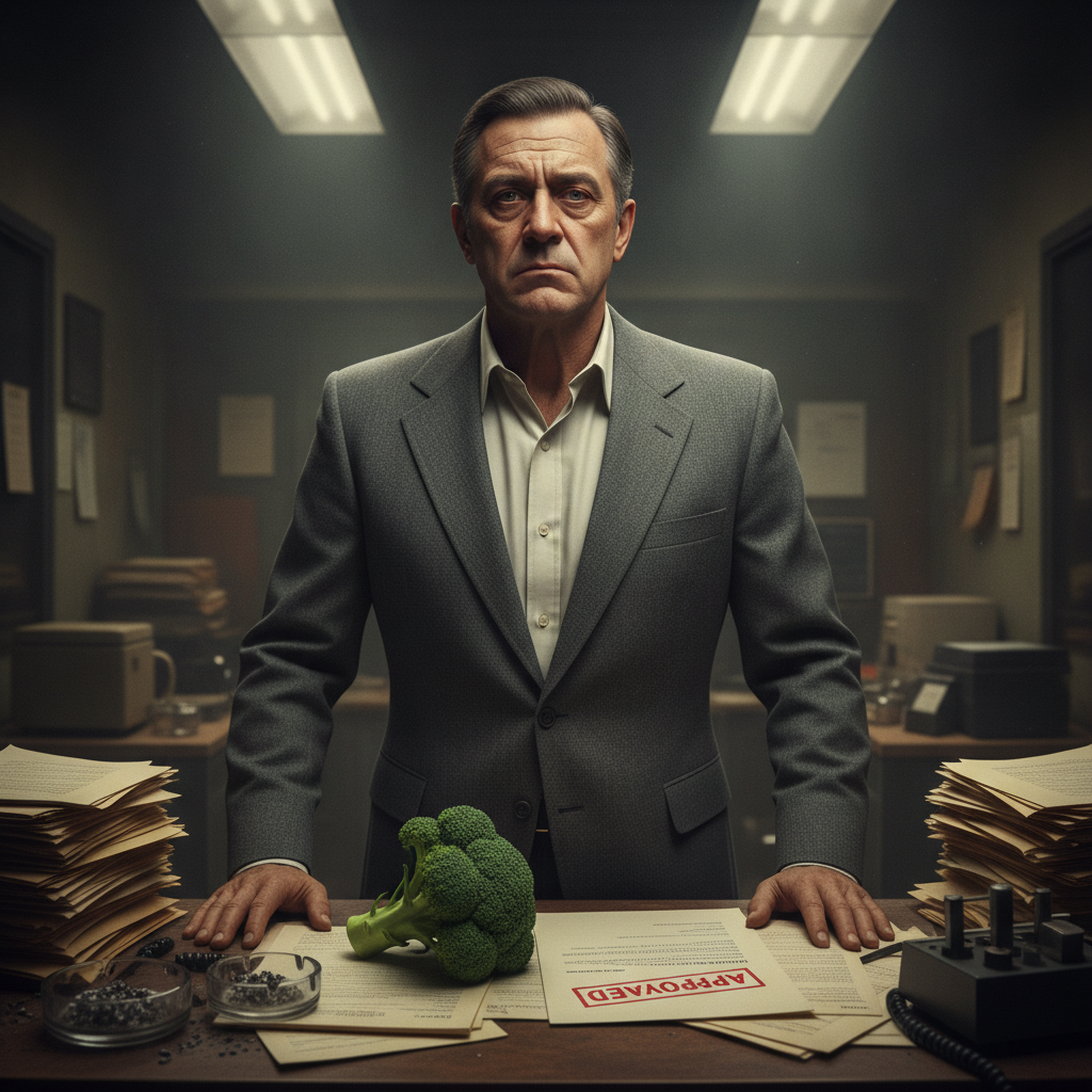 A stern man behind a paper-covered desk with a head of broccoli in front of him.