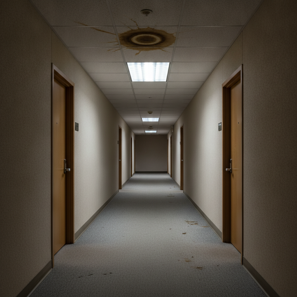 a beige office corridor with a flickering fluorescent light and a damp brown stain on the ceiling