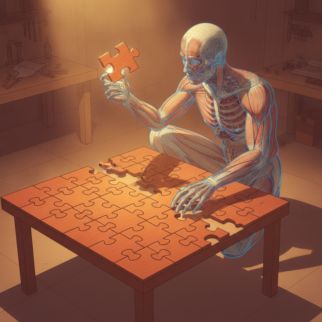 the puzzler at a workshop table of interlocking wooden pieces, one held up to the light