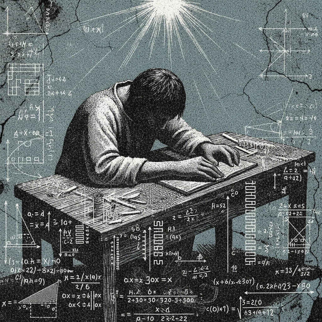 the reckoner at a desk covered in chalk equations, with no final answer circled
