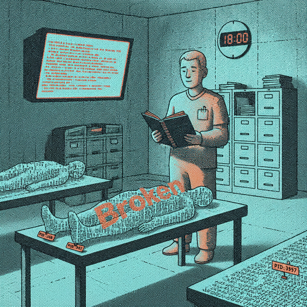 the coroner as a small clerk in filing-cabinet light, ledger open, magnifying glass on one line of a stalled shift's wreckage