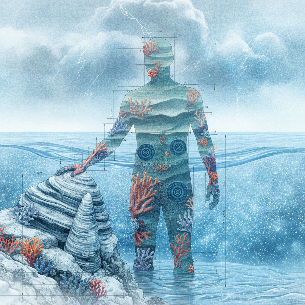 the naturalist standing at a tide line, one hand on living reef and one on fossil rock, plankton bloom thick in the water, cloud building overhead