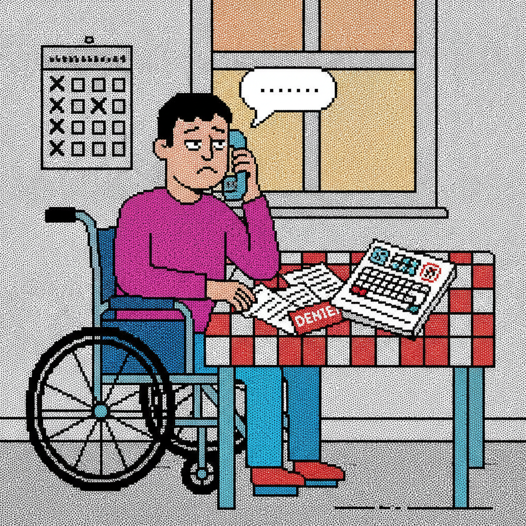 a wheelchair catalog beside a denial letter on a kitchen table, a calendar crossed off in pen