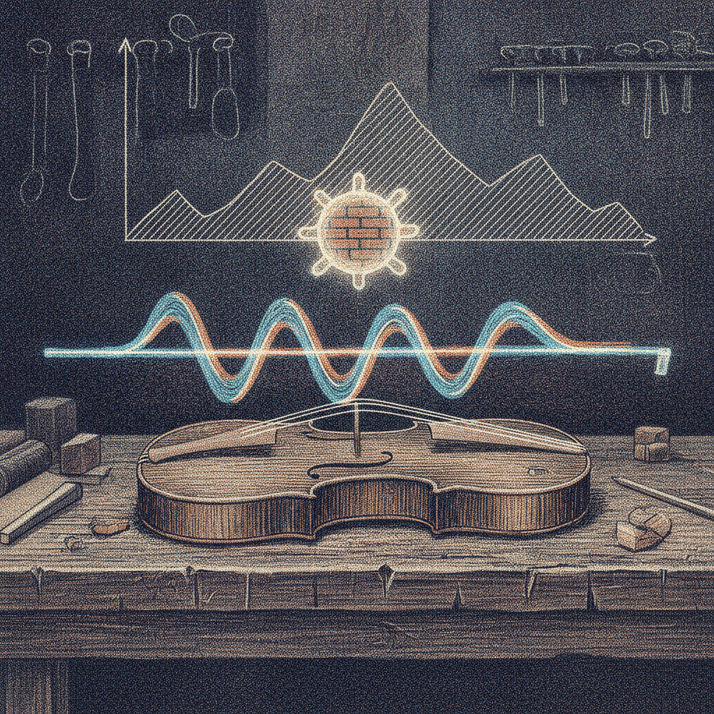 a plucked string modeled as traveling waves in a digital waveguide, reshaped by a room before it reaches the ear
